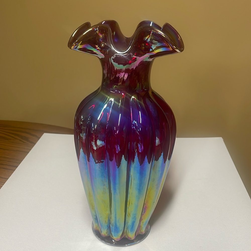 Fenton Red Iridized Melon Ribbed 11” Ruffled edge Vase